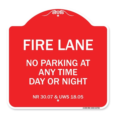 Wisconsin Fire Lane No Parking At Anytime Day Or Night, Red & White Aluminum Architectural Sign